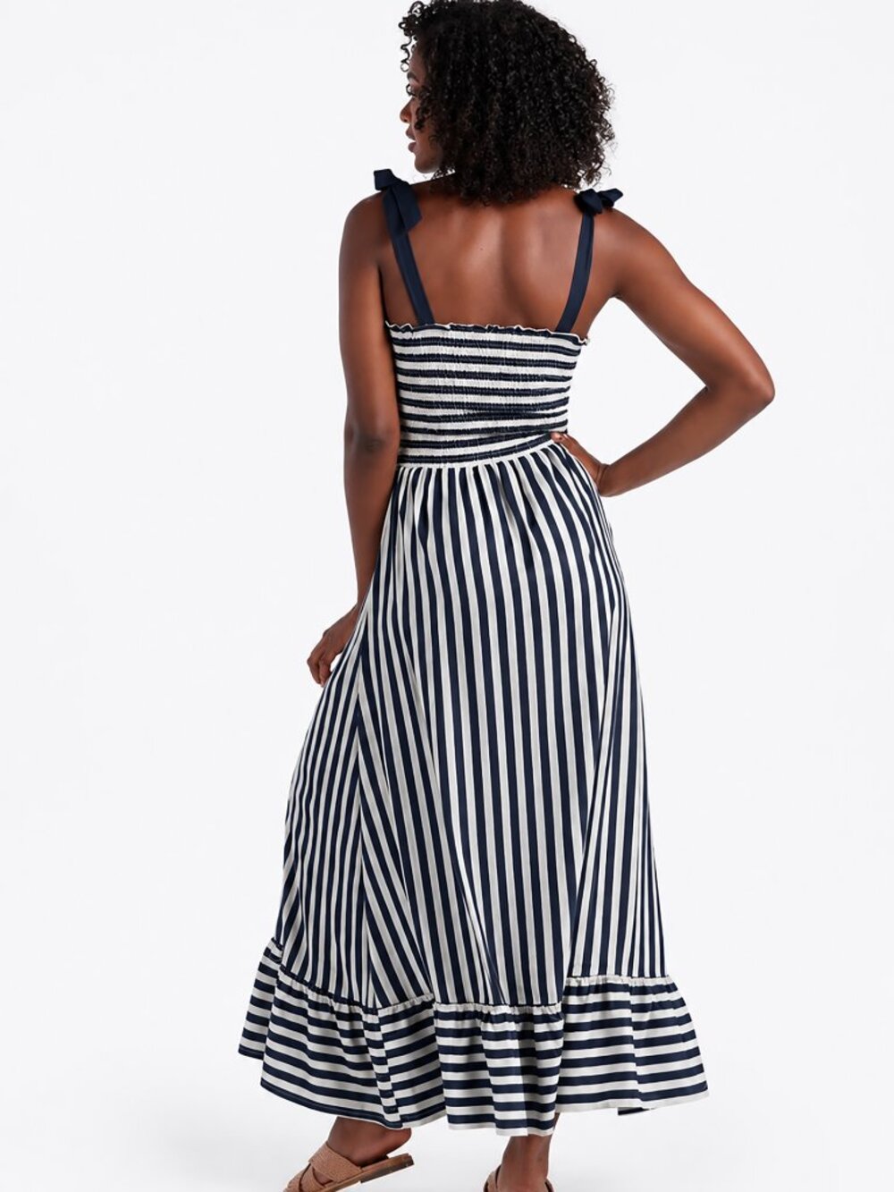 Summersalt Smocked Maxi Dress M Nautical Stripe Blue Mountain Bow Tie - Picture 3 of 13